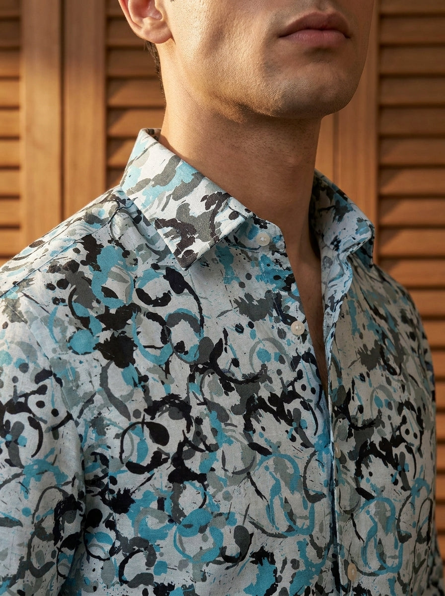 Cyan Abstract Printed Full Sleeve Shirt
