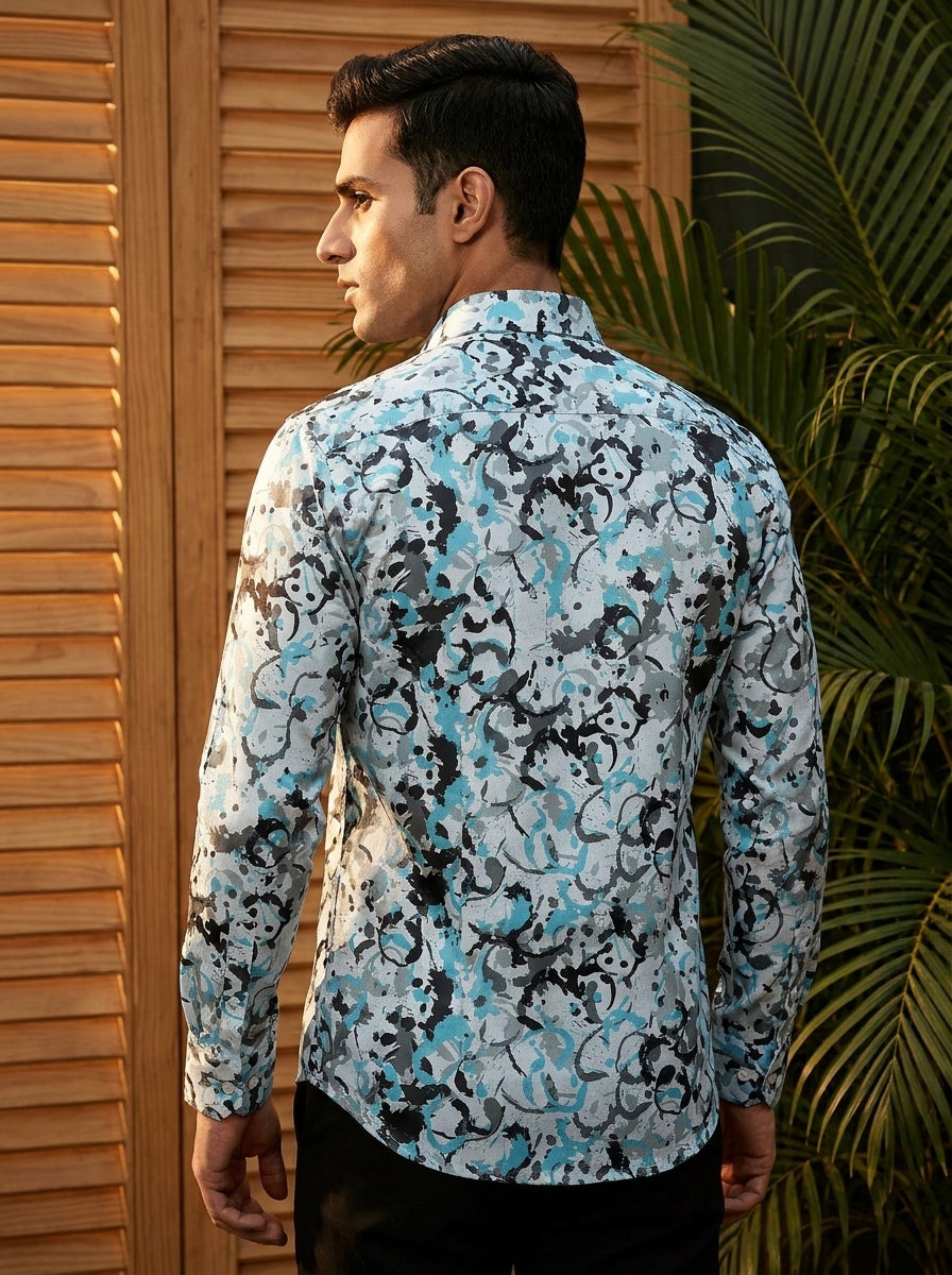 Cyan Abstract Printed Full Sleeve Shirt