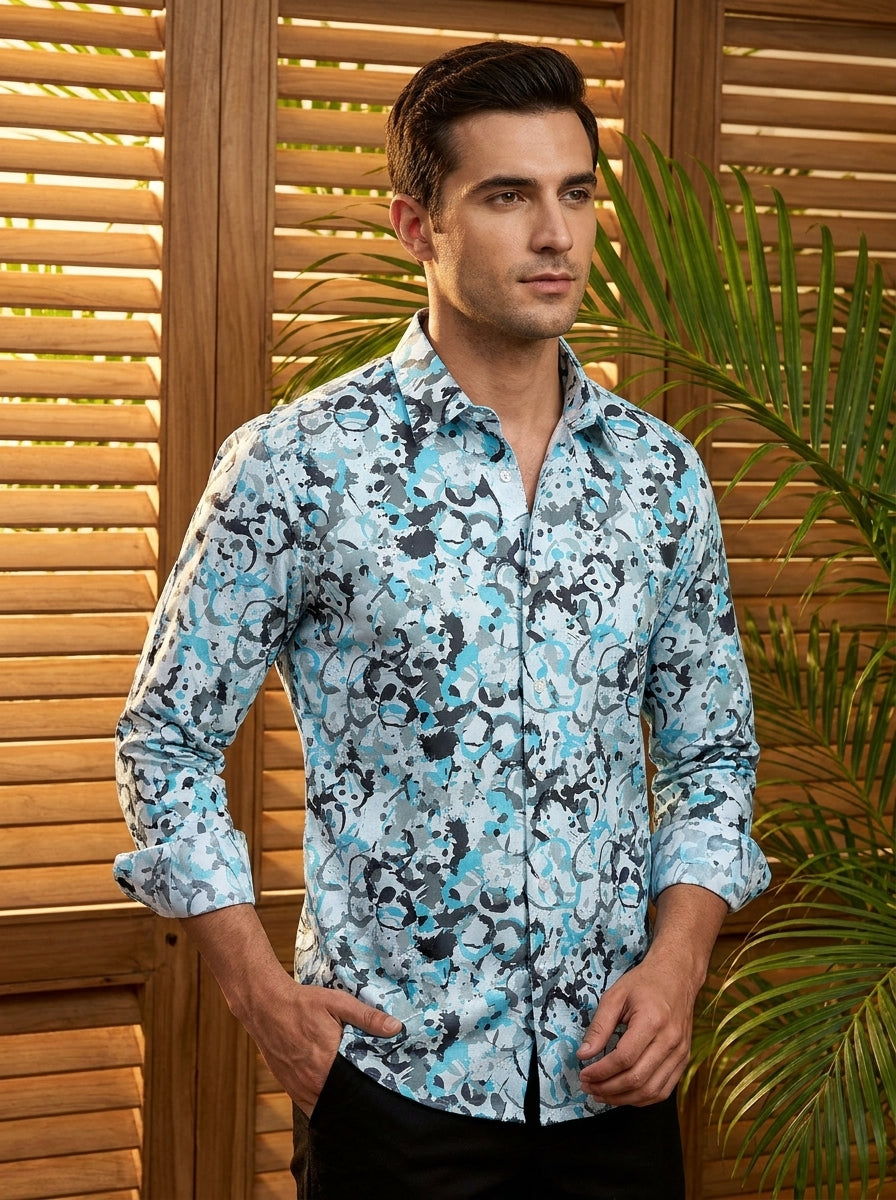 Cyan Abstract Printed Full Sleeve Shirt