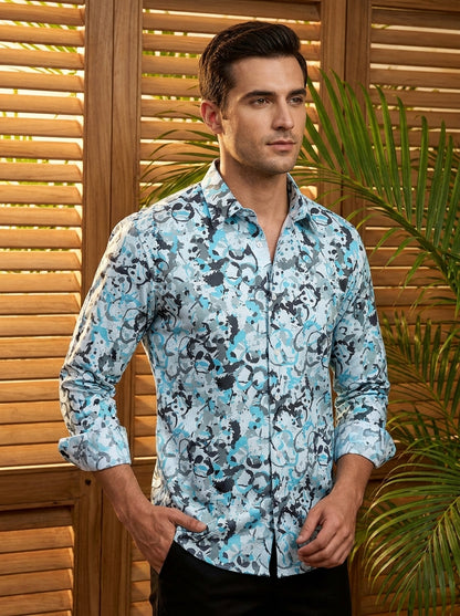 Cyan Abstract Printed Full Sleeve Shirt