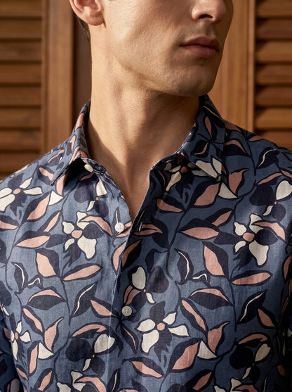 Grey Flower Printed Full Sleeve Shirt