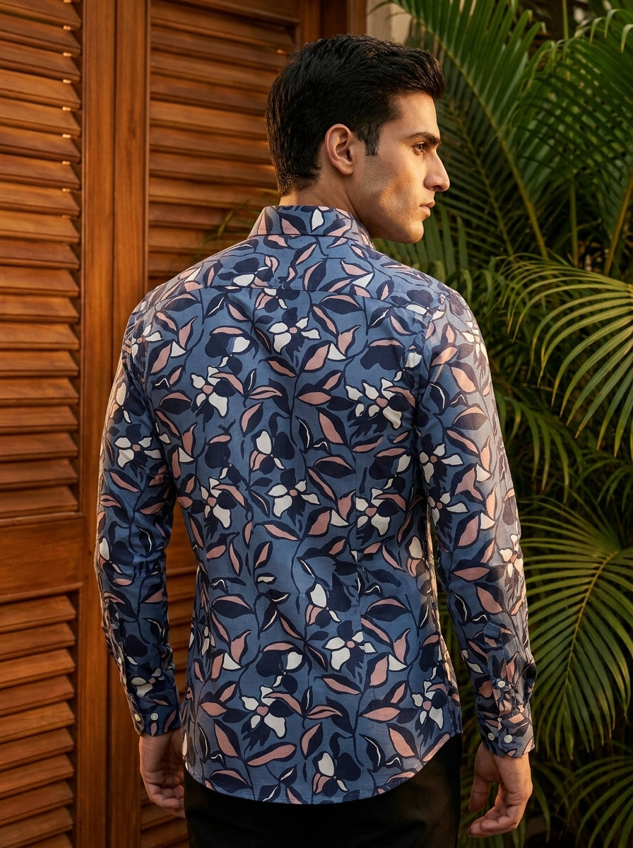 Grey Flower Printed Full Sleeve Shirt