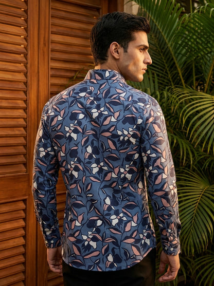 Grey Flower Printed Full Sleeve Shirt