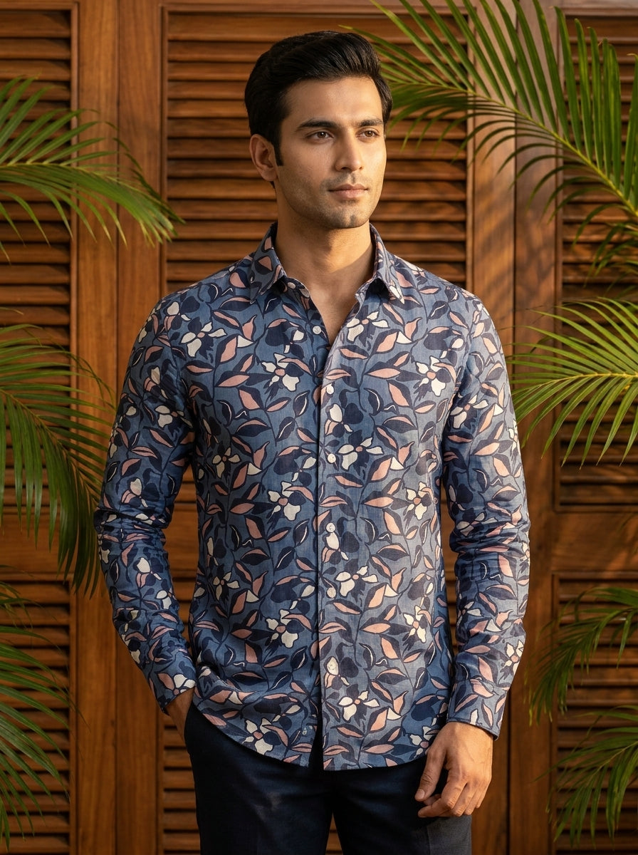 Grey Flower Printed Full Sleeve Shirt