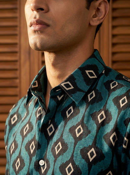 Cyan Ikkat Printed Full Sleeve Shirt