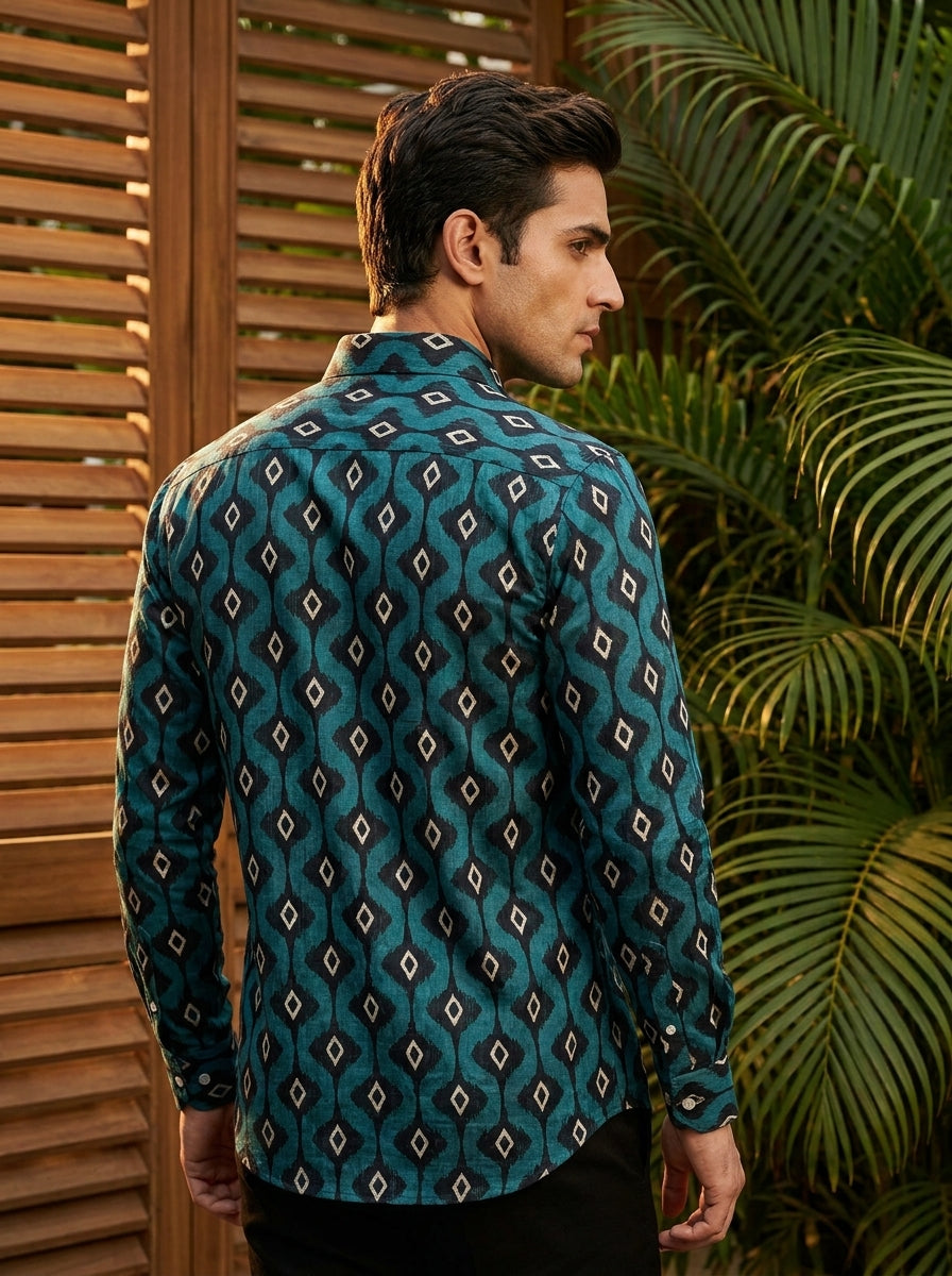 Cyan Ikkat Printed Full Sleeve Shirt