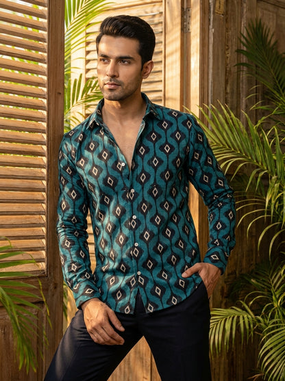Cyan Ikkat Printed Full Sleeve Shirt