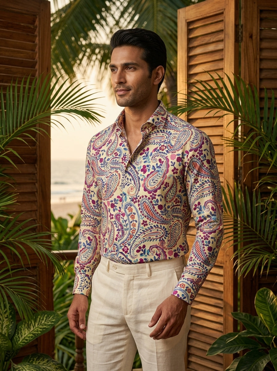 Cream Paisley Printed Full Sleeve Shirt