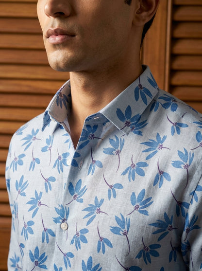 Blue Flower Printed Full Sleeve Shirt