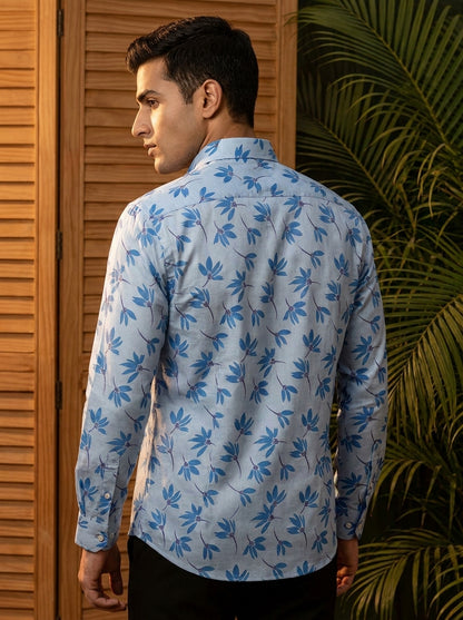 Blue Flower Printed Full Sleeve Shirt