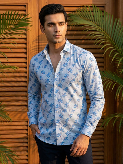 Blue Flower Printed Full Sleeve Shirt