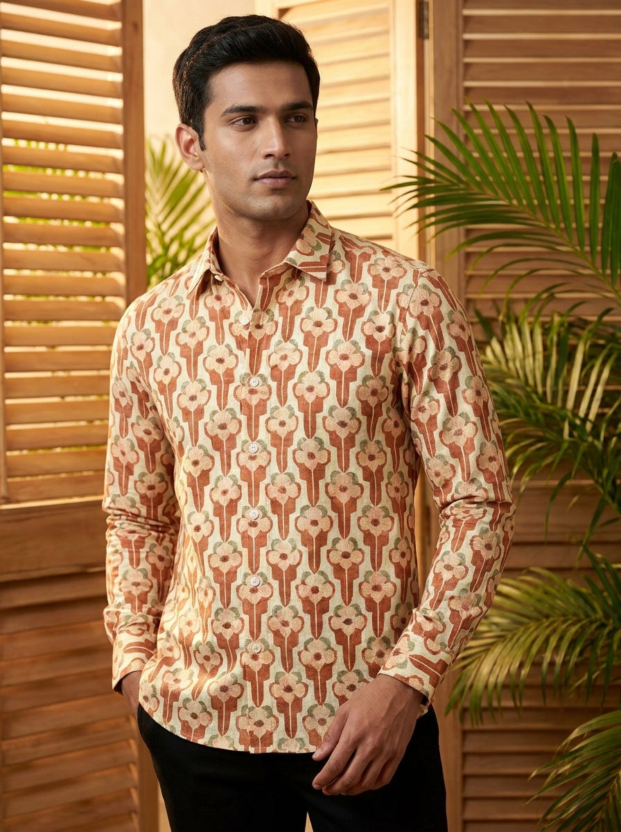 Yellow Flower Printed Full Sleeve Shirt