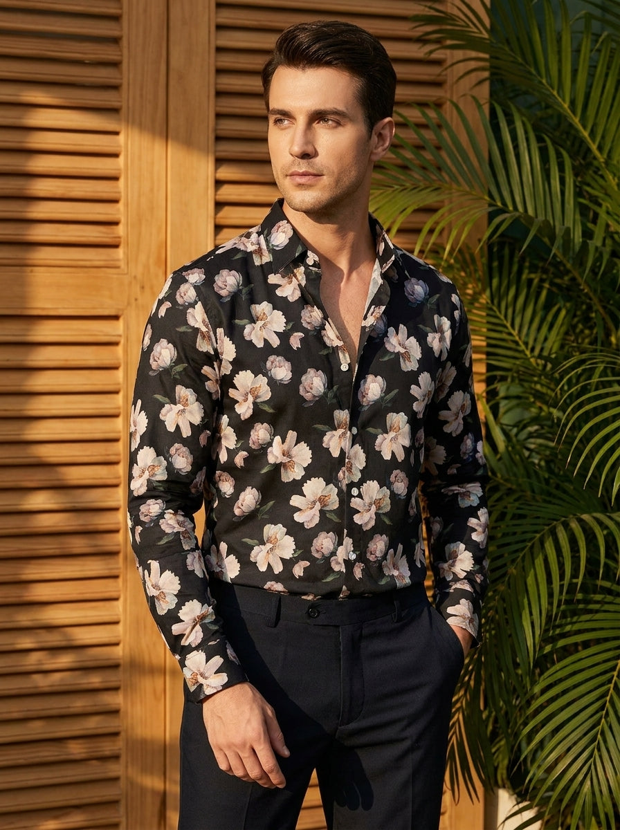 Black Flower Printed Full Sleeve Shirt