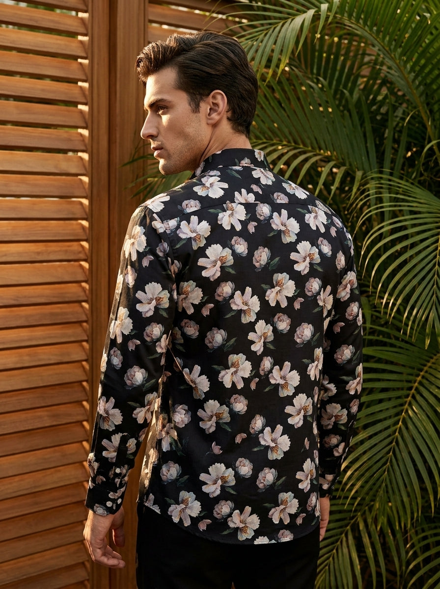Black Flower Printed Full Sleeve Shirt