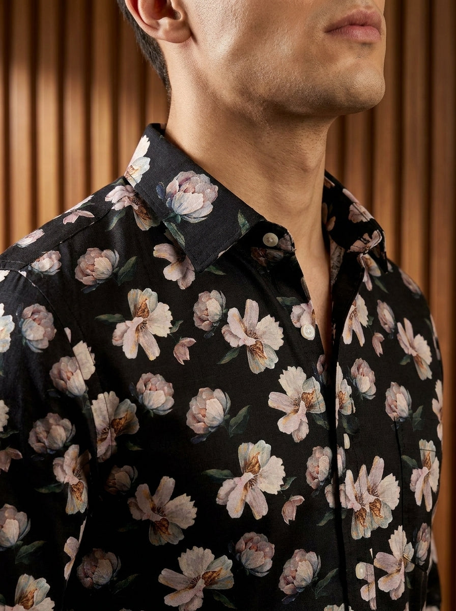 Black Flower Printed Full Sleeve Shirt