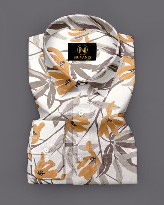 Light Coffee Flower Printed Full Sleeve Shirt