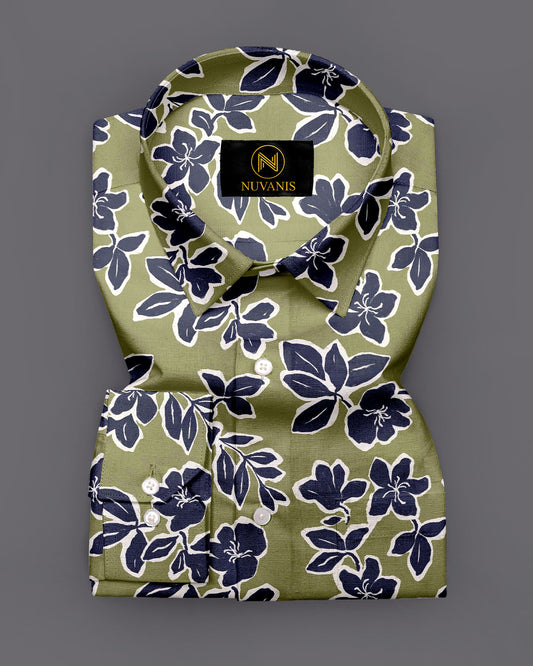 Olive Green Flower Printed Full Sleeve Shirt