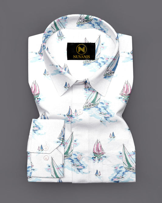 White Boat Printed Full Sleeve Shirt