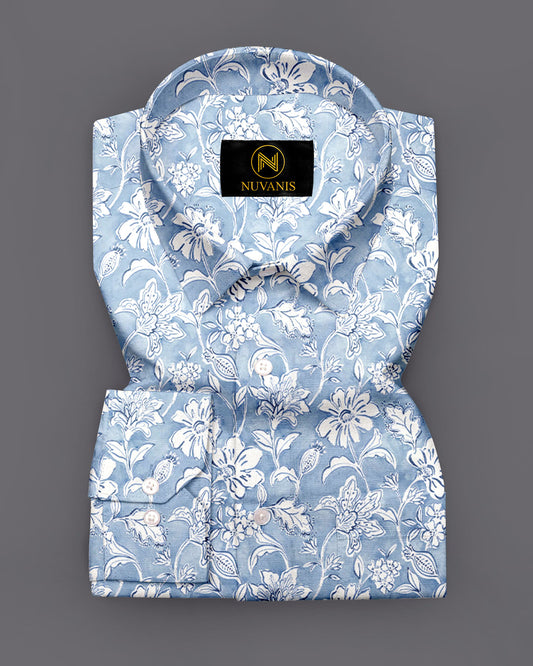 Sky Blue Flower Printed Full Sleeve Shirt
