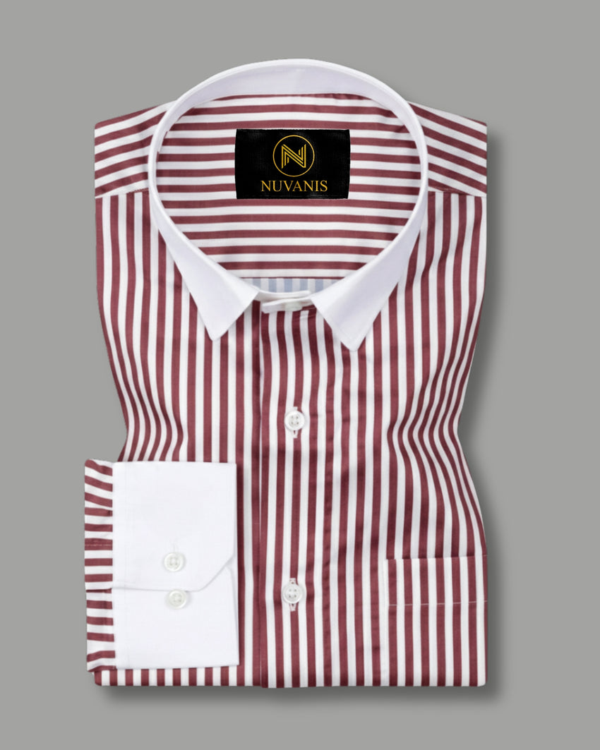 Marron And White Cuff Collar Striped Printed Shirt