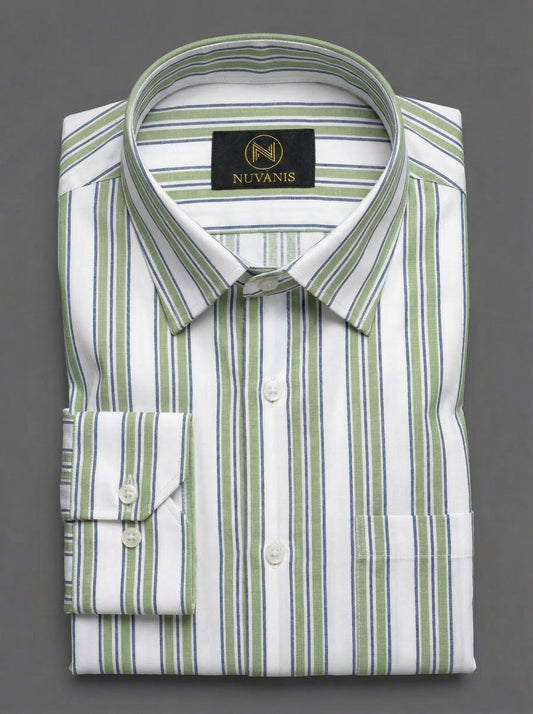 White And Olive Striped Printed Shirt