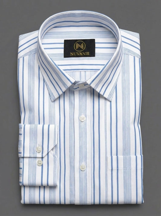 White And Skyblue Striped Printed Shirt