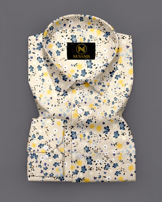 Cream Flower Printed Designer Full Sleeve Shirt