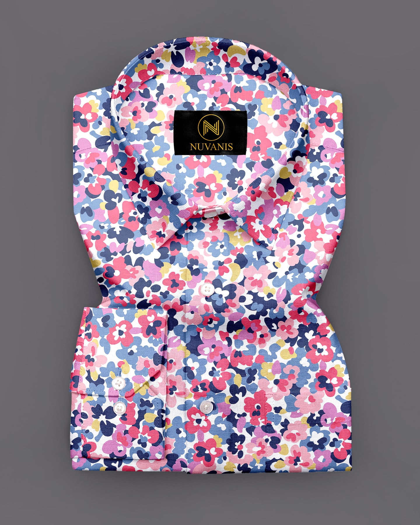 Pink And Blue Flower Printed Designer Full Sleeve Shirt