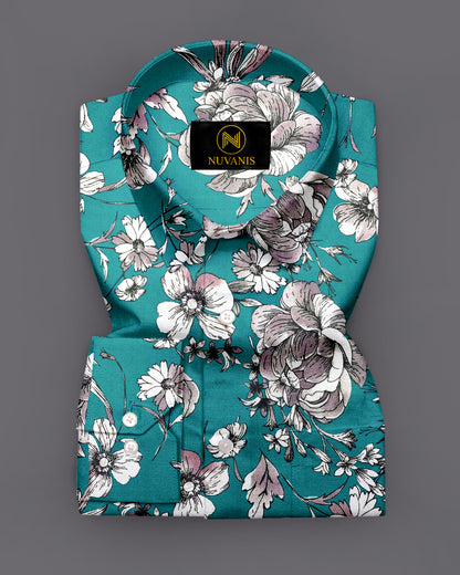 Cyan Flower Printed Designer Full Sleeve Shirt