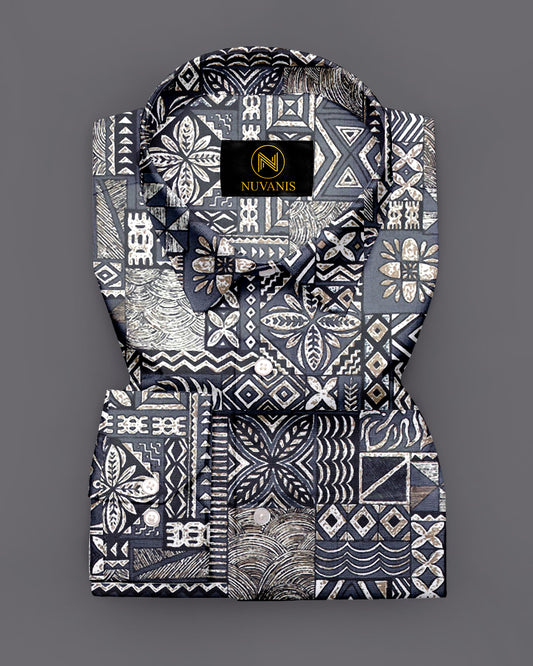 Grey And Blue Motif Printed Designer Full Sleeve Shirt