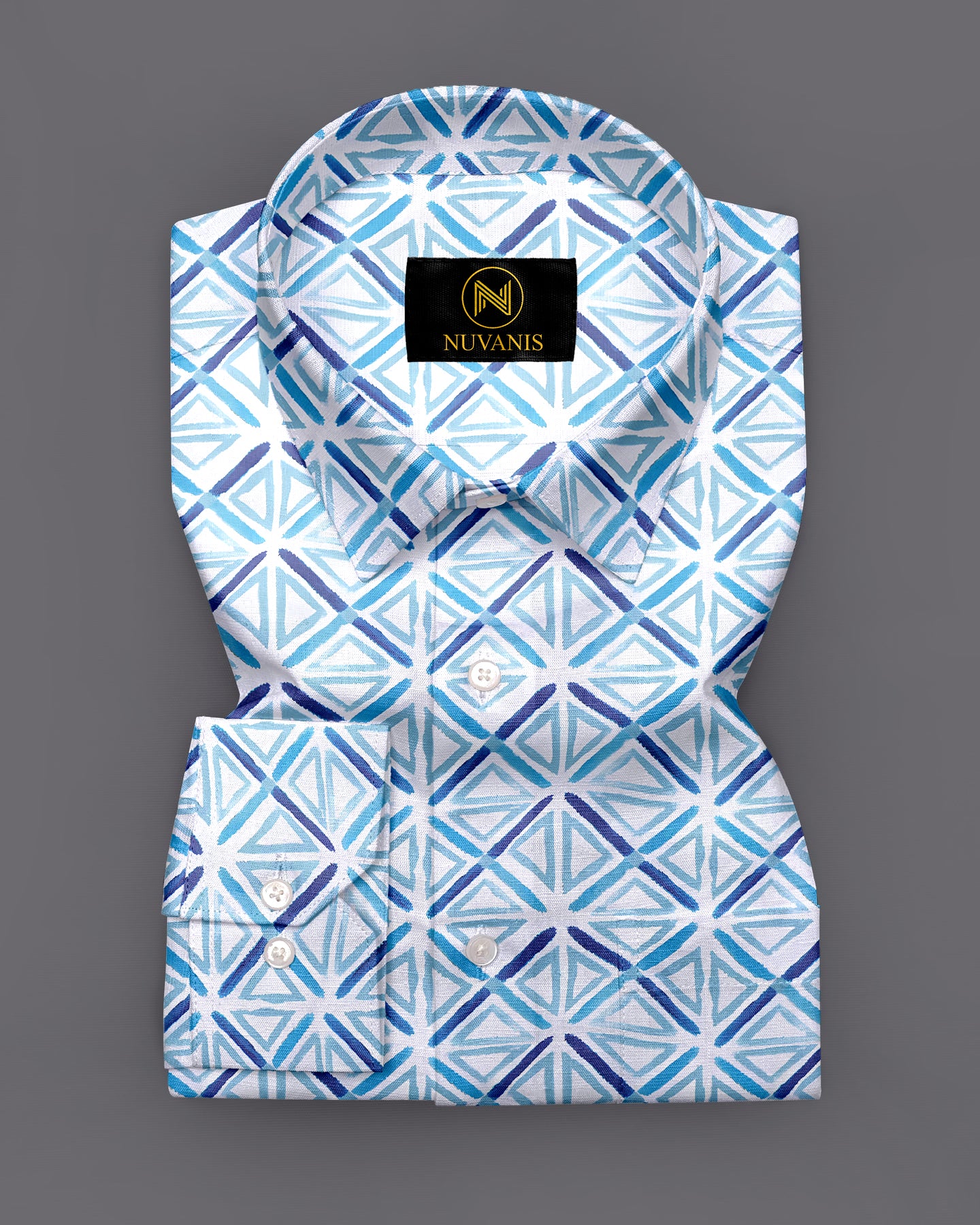 White And Sky Blue Triangle Pattern Printed Full Sleeve Shirt