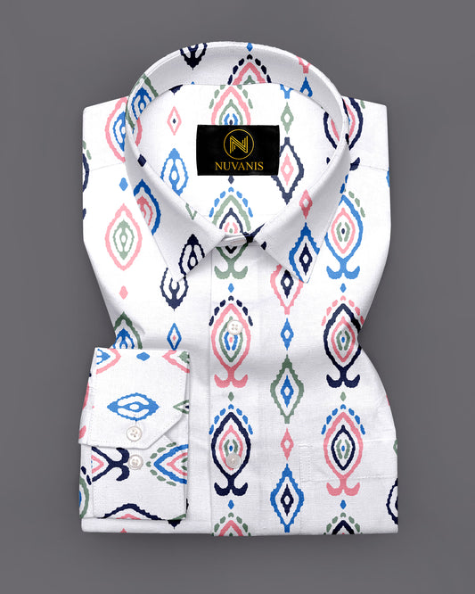 White Multicolor Ikkat Printed Full Sleeve Shirt