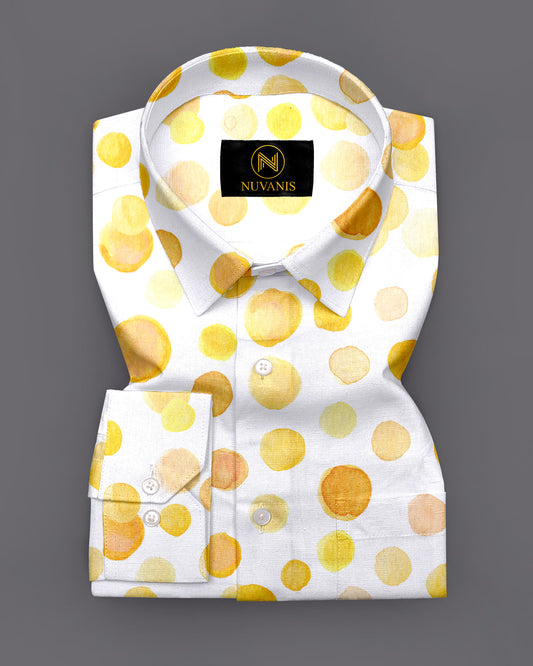 White And Mustard Painted Polka Dot Printed Full Sleeve Shirt