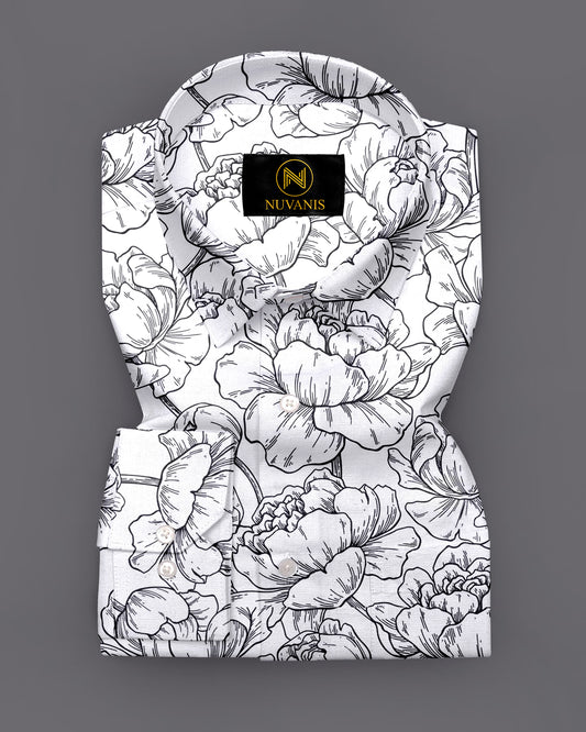 White And Black Flower Printed Full Sleeve Shirt