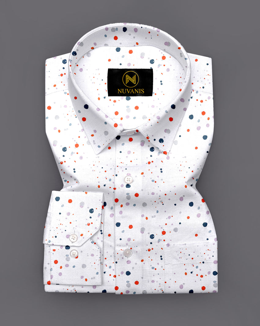 White Multicolor Dot Printed Full Sleeve Shirt