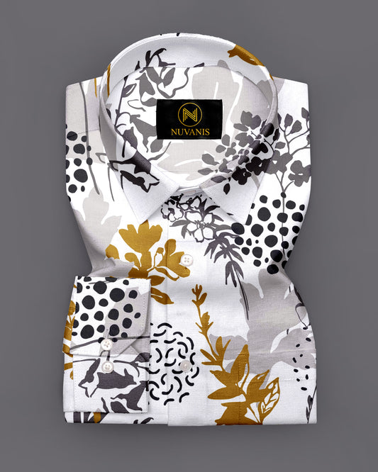 White And Grey Flower And Leaf Printed Full Sleeve Shirt