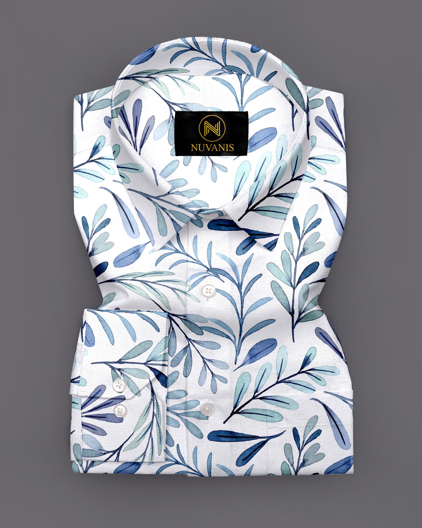 White And Blue Leaf Printed Full Sleeve Shirt