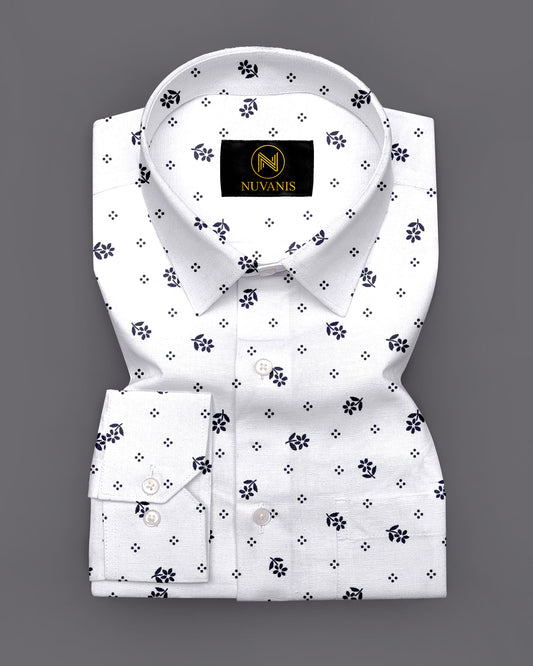 White And Black Small Flower Printed Full Sleeve Shirt