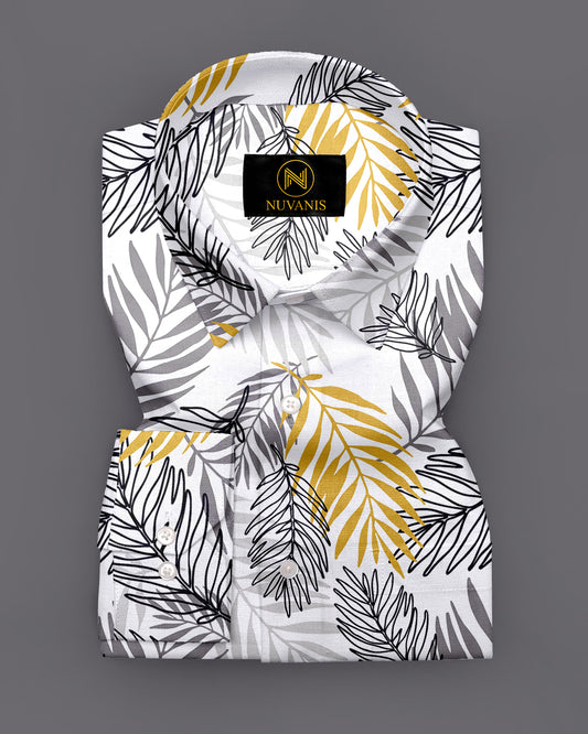 White And Grey Leaf Printed Full Sleeve Shirt