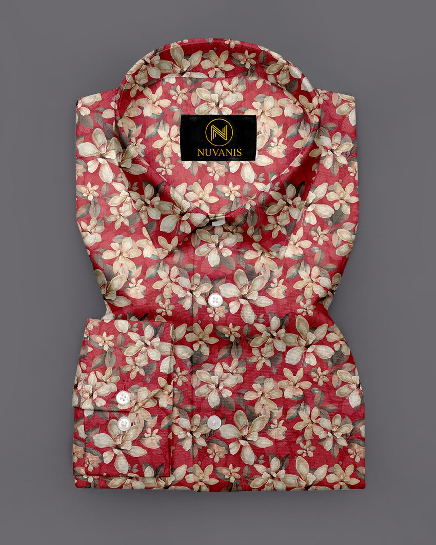 Red Flower Printed Full Sleeve Shirt