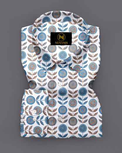 White Flower Printed Full Sleeve Shirt