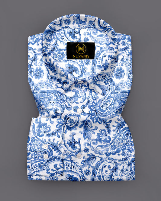 White And Blue Paisley Printed Full Sleeve Shirt