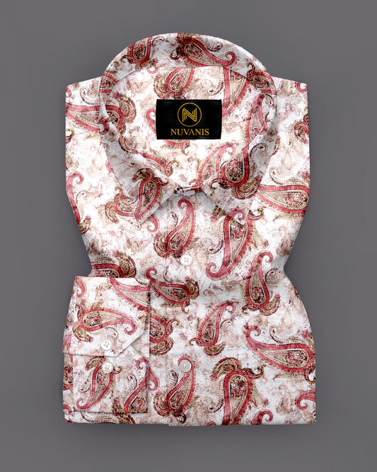 Cream And Red Paisley Printed Full Sleeve Shirt