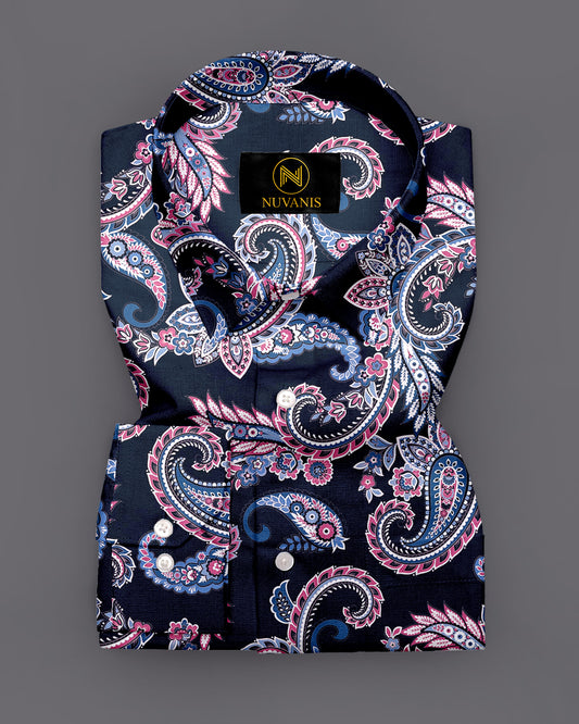 Navy Blue Paisley Printed Full Sleeve Shirt