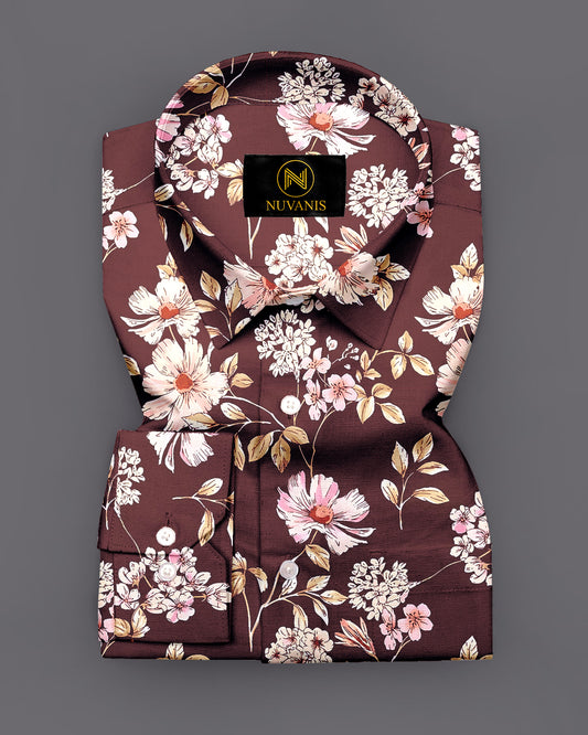 Marron Flower Printed Full Sleeve Shirt