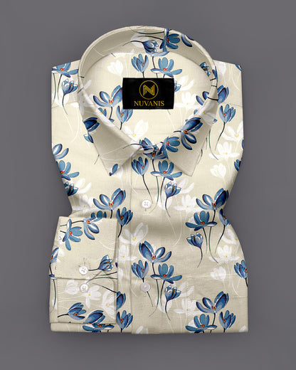 Cream Flower Printed Full Sleeve Shirt