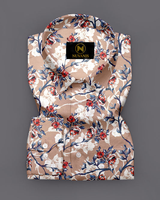 Brown Flower Printed Full Sleeve Shirt