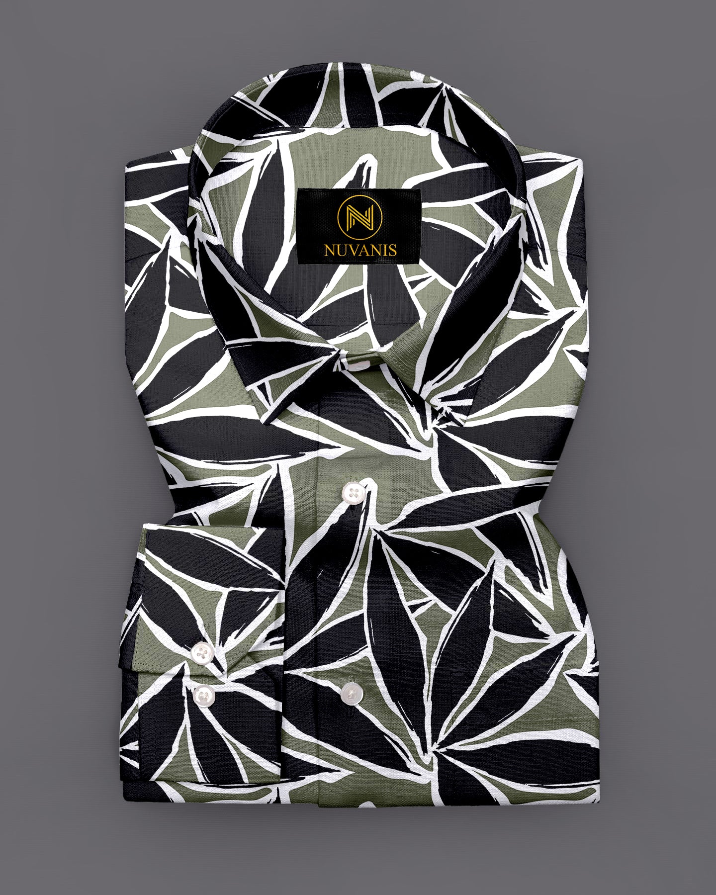 Black And Green Leaf  Printed Full Sleeve Shirt