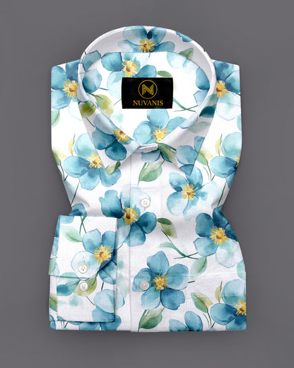 White Flower Printed Full Sleeve Shirt