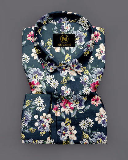 Green Flower Printed Full Sleeve Shirt